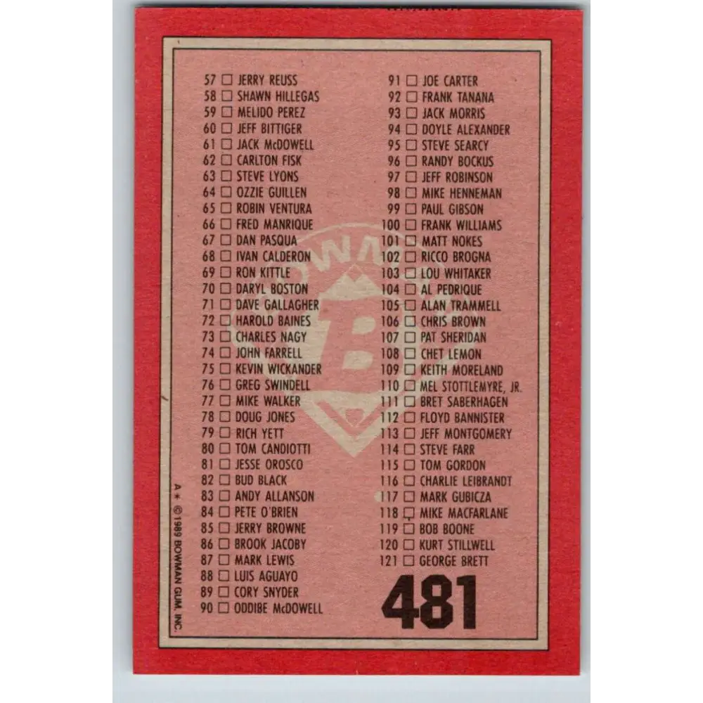 1989 Bowman #481 Checklist 1-121 NM-MT Checklist Baseball Card Image 2