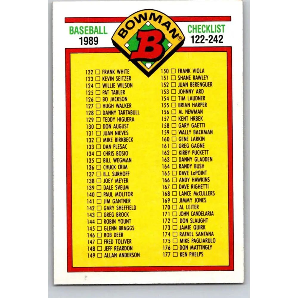 1989 Bowman #482 Checklist 122-242 NM-MT Checklist Baseball Card Image 1