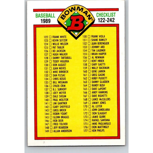 1989 Bowman #482 Checklist 122-242 NM-MT Checklist Baseball Card Image 1