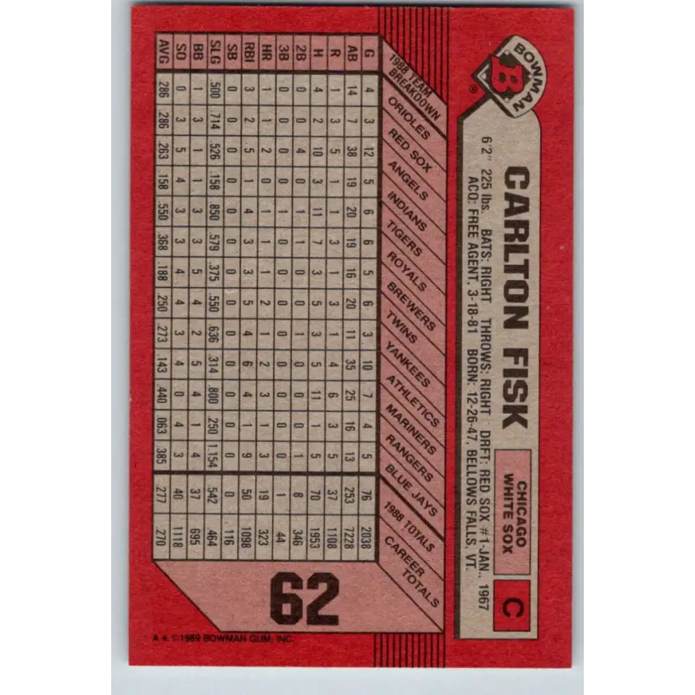 1989 Bowman #62 Carlton Fisk NM-MT Chicago White Sox Baseball Card Image 2