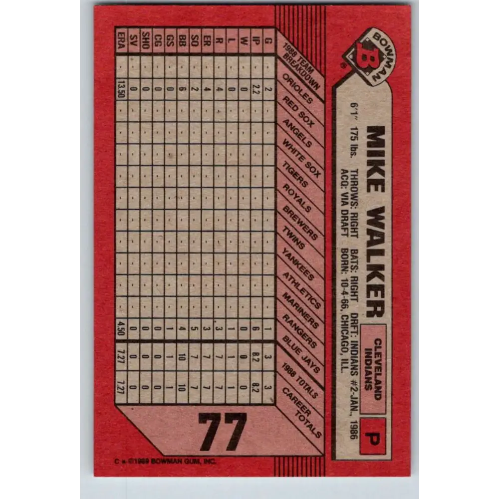 1989 Bowman #77 Mike Walker NM-MT Cleveland Indians Baseball Card Image 2
