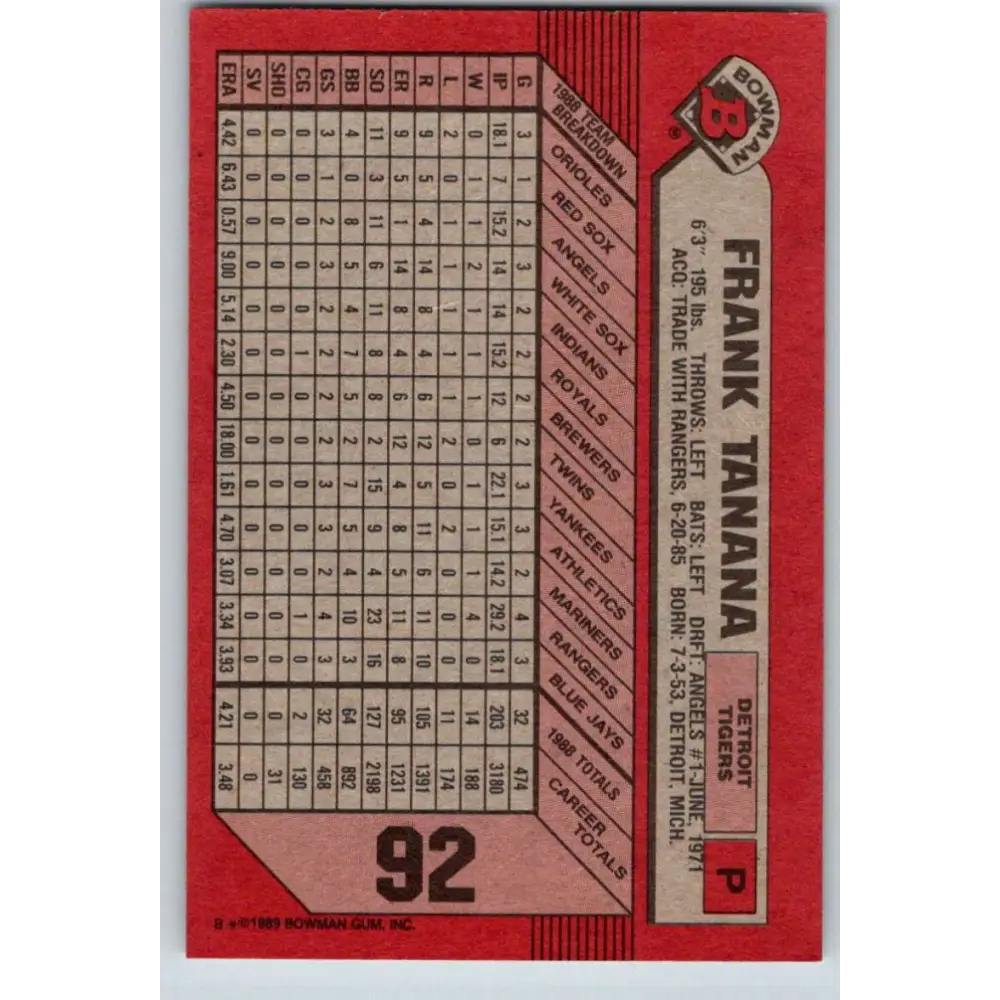 1989 Bowman #92 Frank Tanana NM-MT Detroit Tigers Baseball Card Image 2