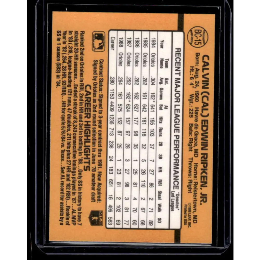 1989 Classic Travel #56 Cal Ripken Jr. Baltimore Orioles NM-MT Baseball Card Image 2