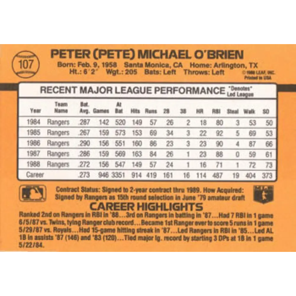 1989 Donruss #107 Pete O'Brien NM-MT Texas Rangers Baseball Card Image 2