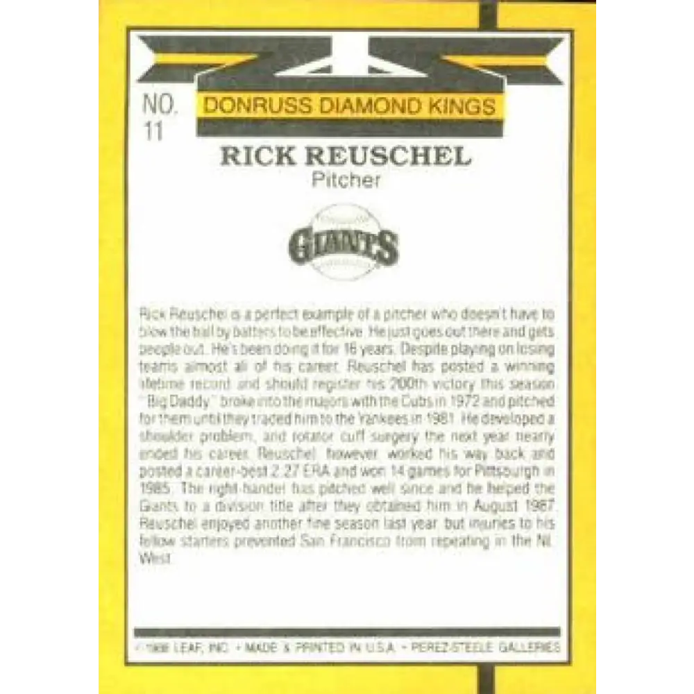 1989 Donruss #11 Rick Reuschel DK NM-MT San Francisco Giants Baseball Card Image 2