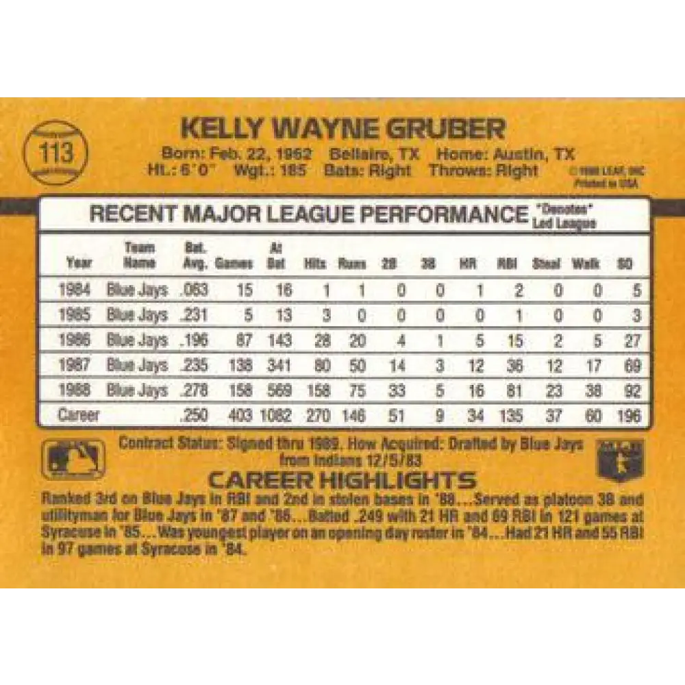 1989 Donruss #113 Kelly Gruber UER NM-MT Toronto Blue Jays Baseball Card Image 2