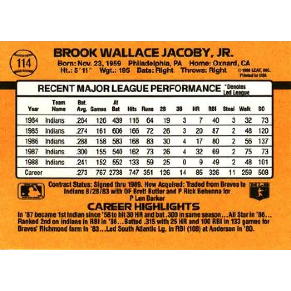 1989 Donruss #114 Brook Jacoby NM-MT Cleveland Indians Baseball Card Image 2