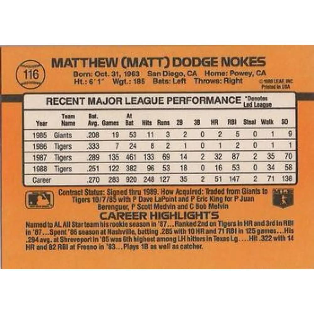 1989 Donruss #116 Matt Nokes NM-MT Detroit Tigers Baseball Card Image 2