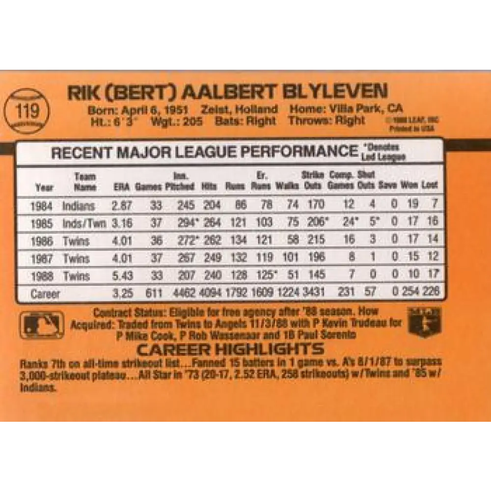 1989 Donruss #119 Bert Blyleven UER NM-MT Minnesota Twins Baseball Card Image 2