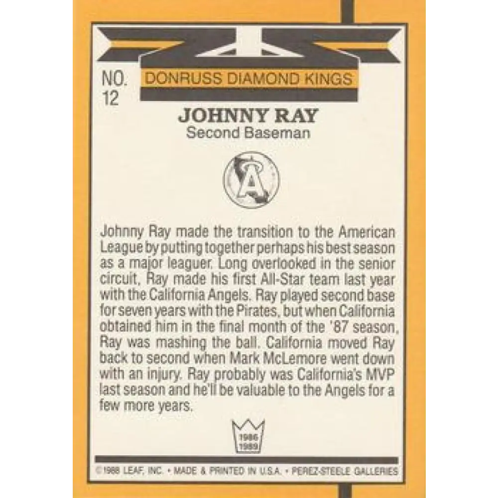 1989 Donruss #12 Johnny Ray DK NM-MT California Angels Baseball Card Image 2