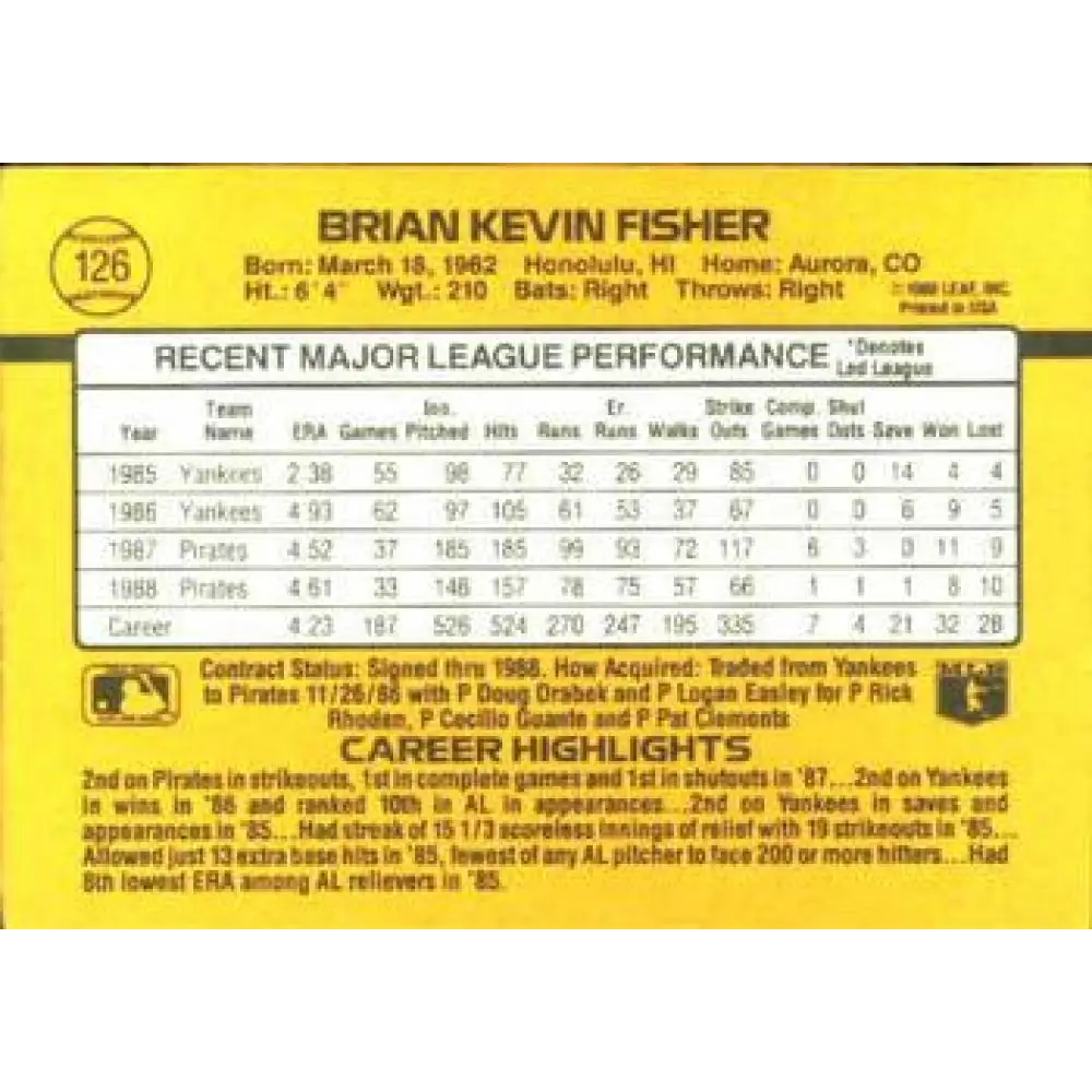 1989 Donruss #126 Brian Fisher NM-MT Pittsburgh Pirates Baseball Card Image 2