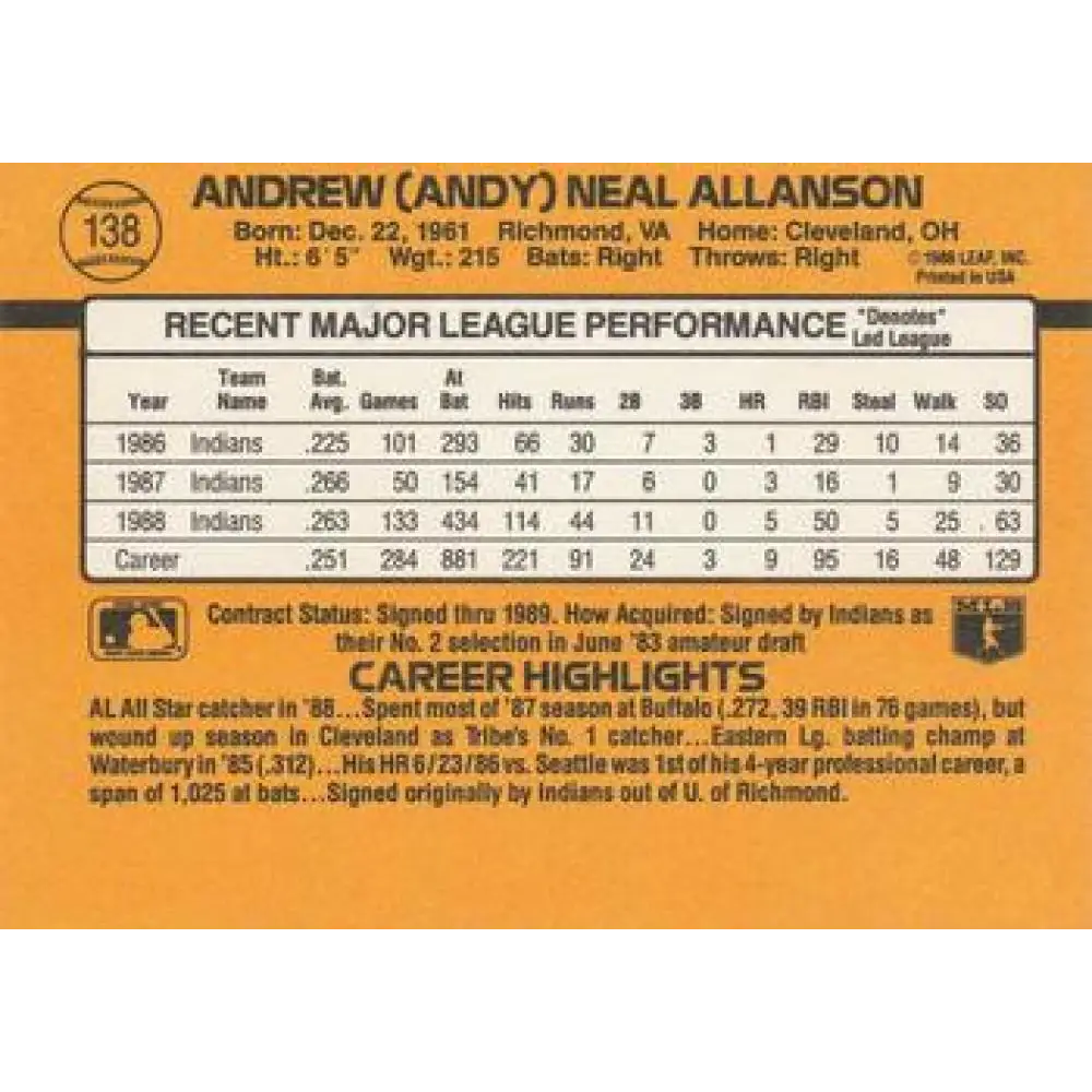 1989 Donruss #138 Andy Allanson NM-MT Cleveland Indians Baseball Card Image 2