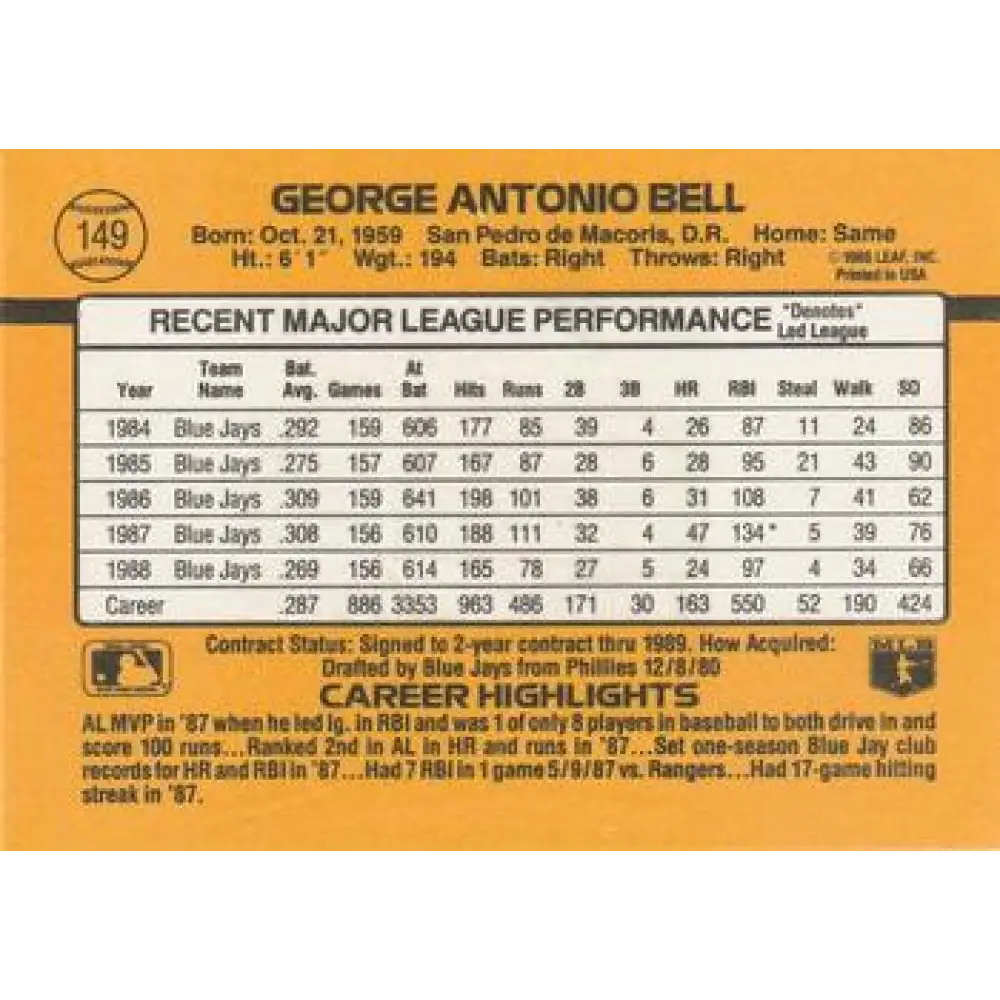 1989 Donruss #149 George Bell NM-MT Toronto Blue Jays Baseball Card Image 2