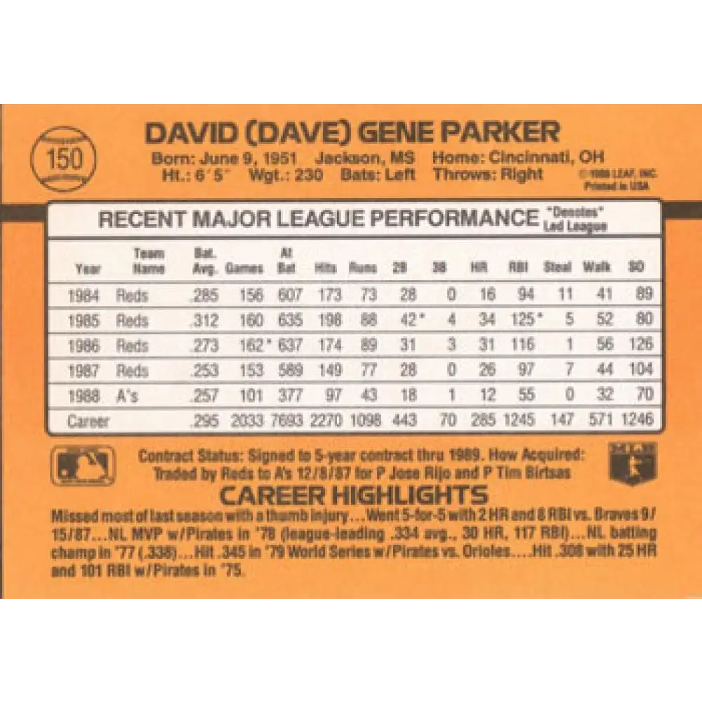 1989 Donruss #150 Dave Parker NM-MT Oakland Athletics Baseball Card Image 2