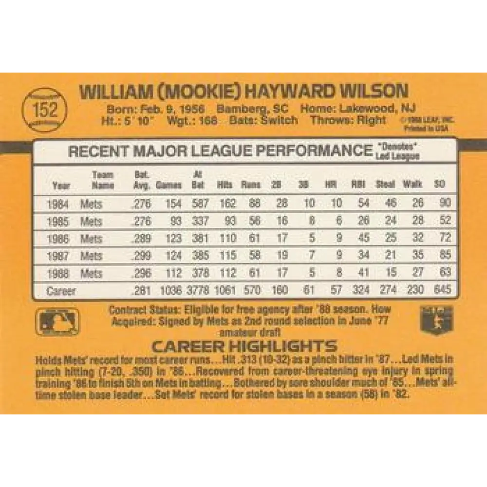 1989 Donruss #152 Mookie Wilson NM-MT New York Mets Baseball Card Image 2