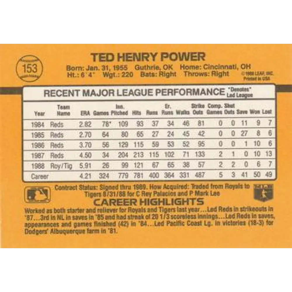 1989 Donruss #153 Ted Power NM-MT Detroit Tigers Baseball Card Image 2