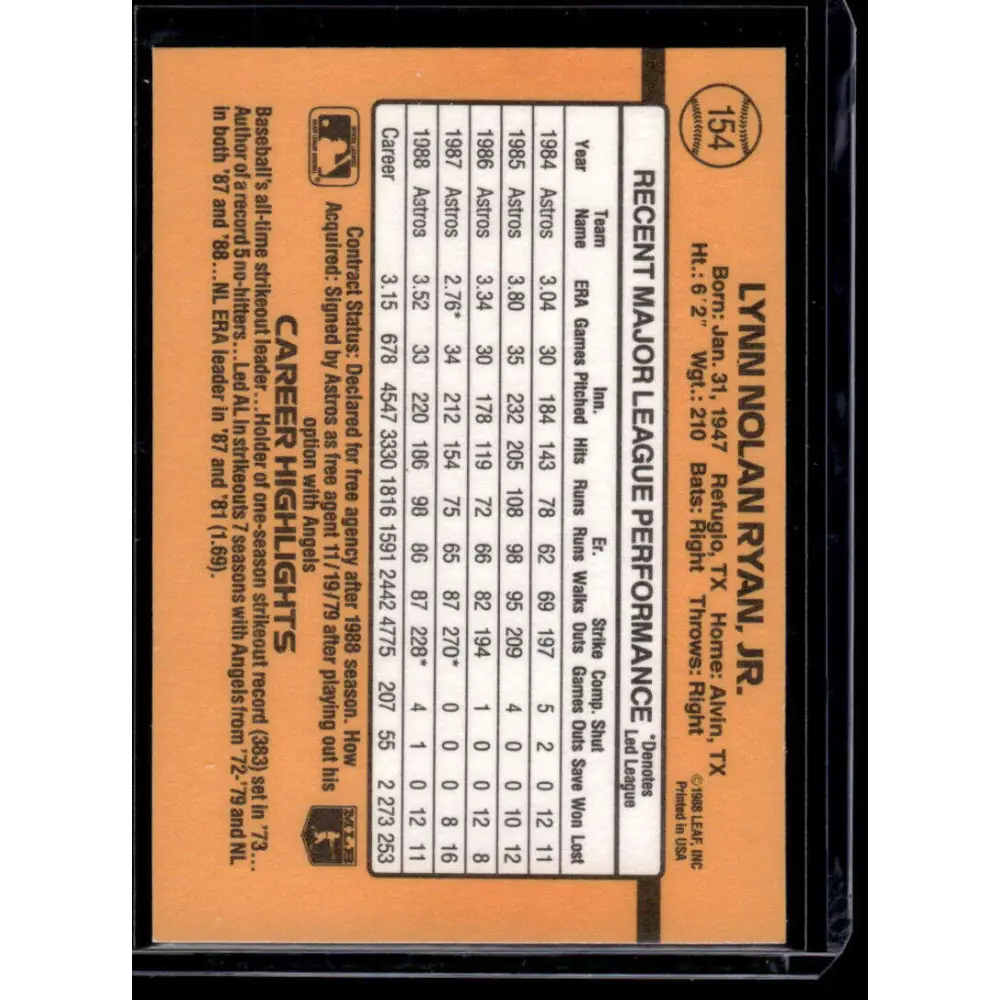 1989 Donruss #154 Nolan Ryan Houston Astros NM-MT Baseball Card Image 2