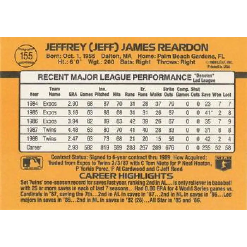 1989 Donruss #155 Jeff Reardon NM-MT Minnesota Twins Baseball Card Image 2