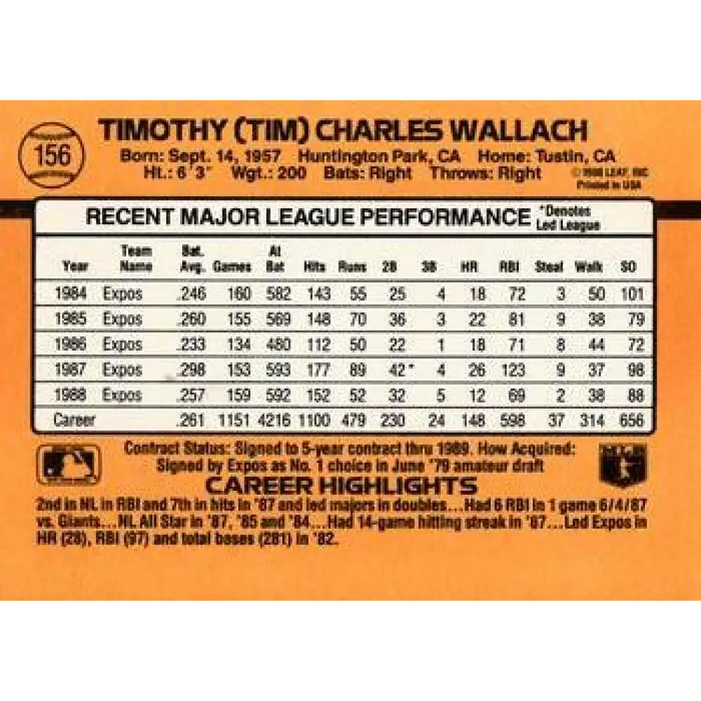 1989 Donruss #156 Tim Wallach NM-MT Montreal Expos Baseball Card Image 2