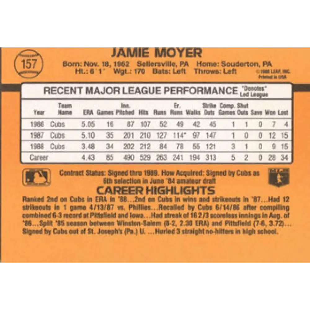 1989 Donruss #157 Jamie Moyer NM-MT Chicago Cubs Baseball Card Image 2
