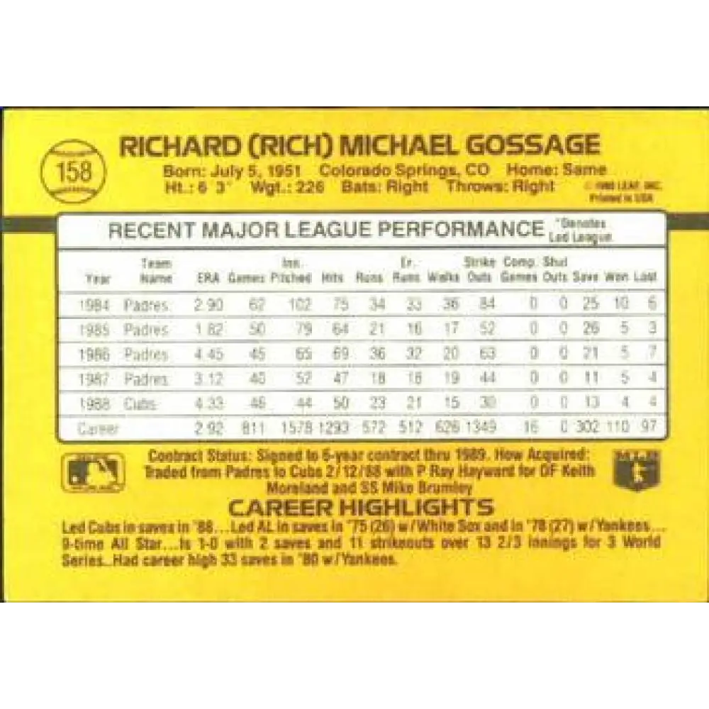 1989 Donruss #158 Rich Gossage NM-MT Chicago Cubs Baseball Card Image 2
