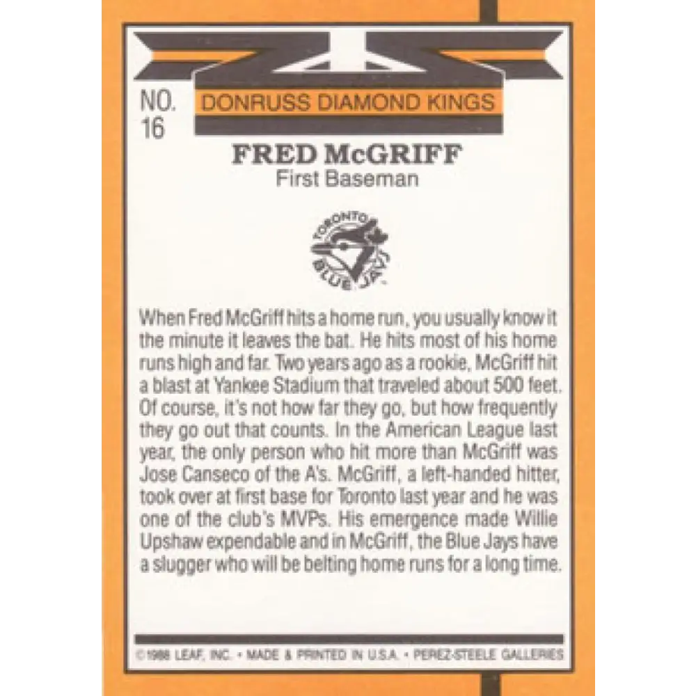 1989 Donruss #16 Fred McGriff DK NM-MT Toronto Blue Jays Baseball Card Image 2