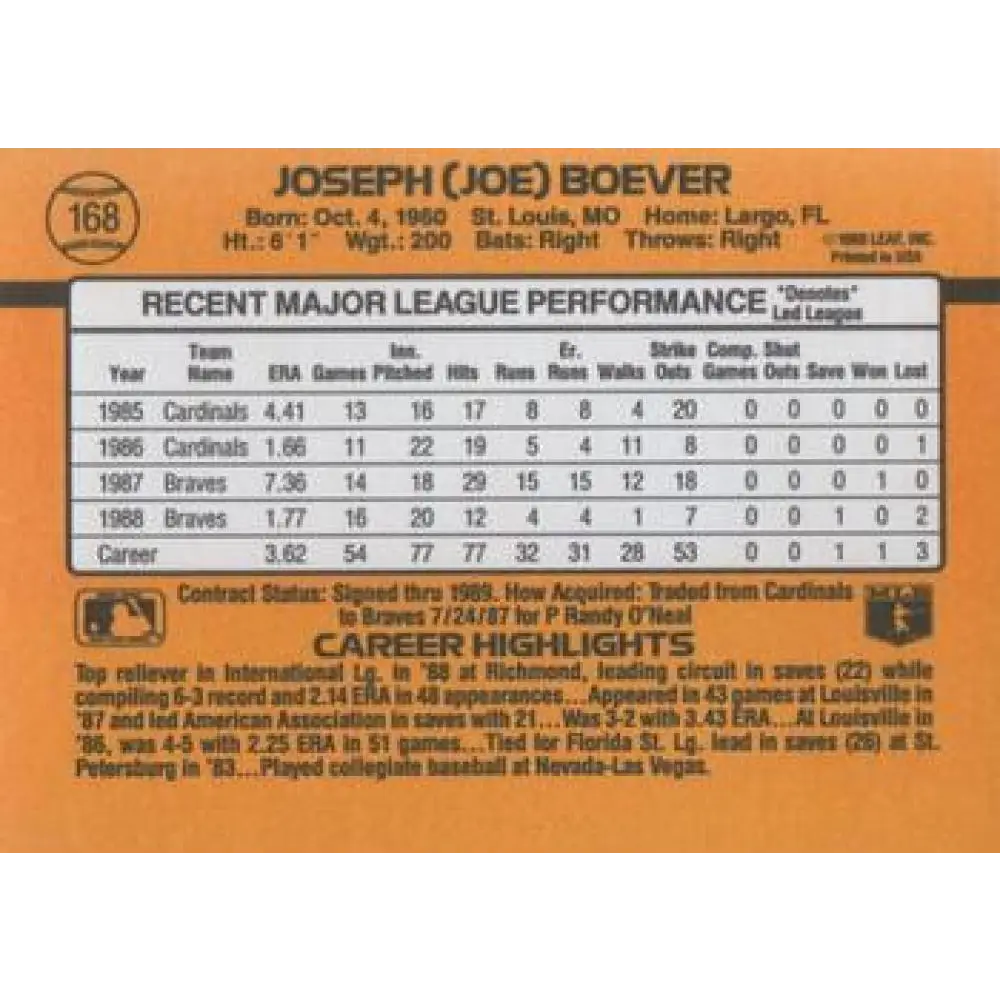 1989 Donruss #168 Joe Boever NM-MT Atlanta Braves Baseball Card Image 2