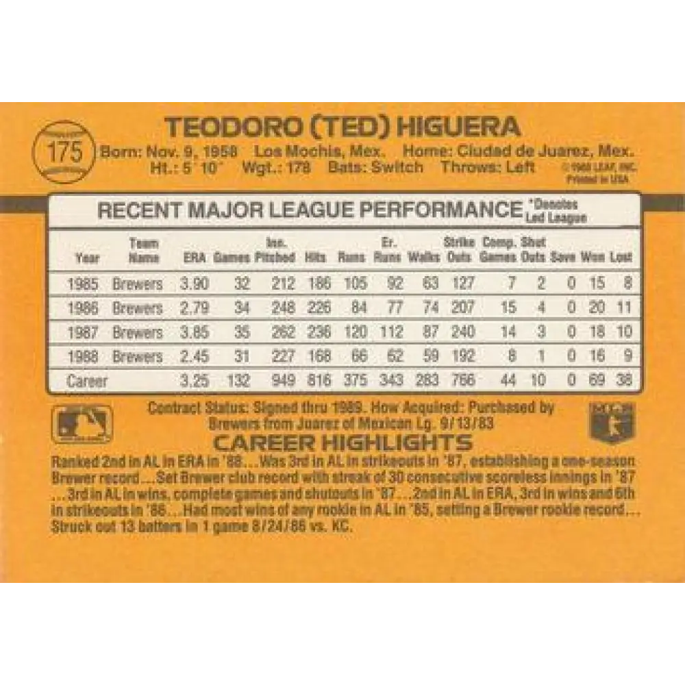 1989 Donruss #175 Teddy Higuera NM-MT Milwaukee Brewers Baseball Card Image 2