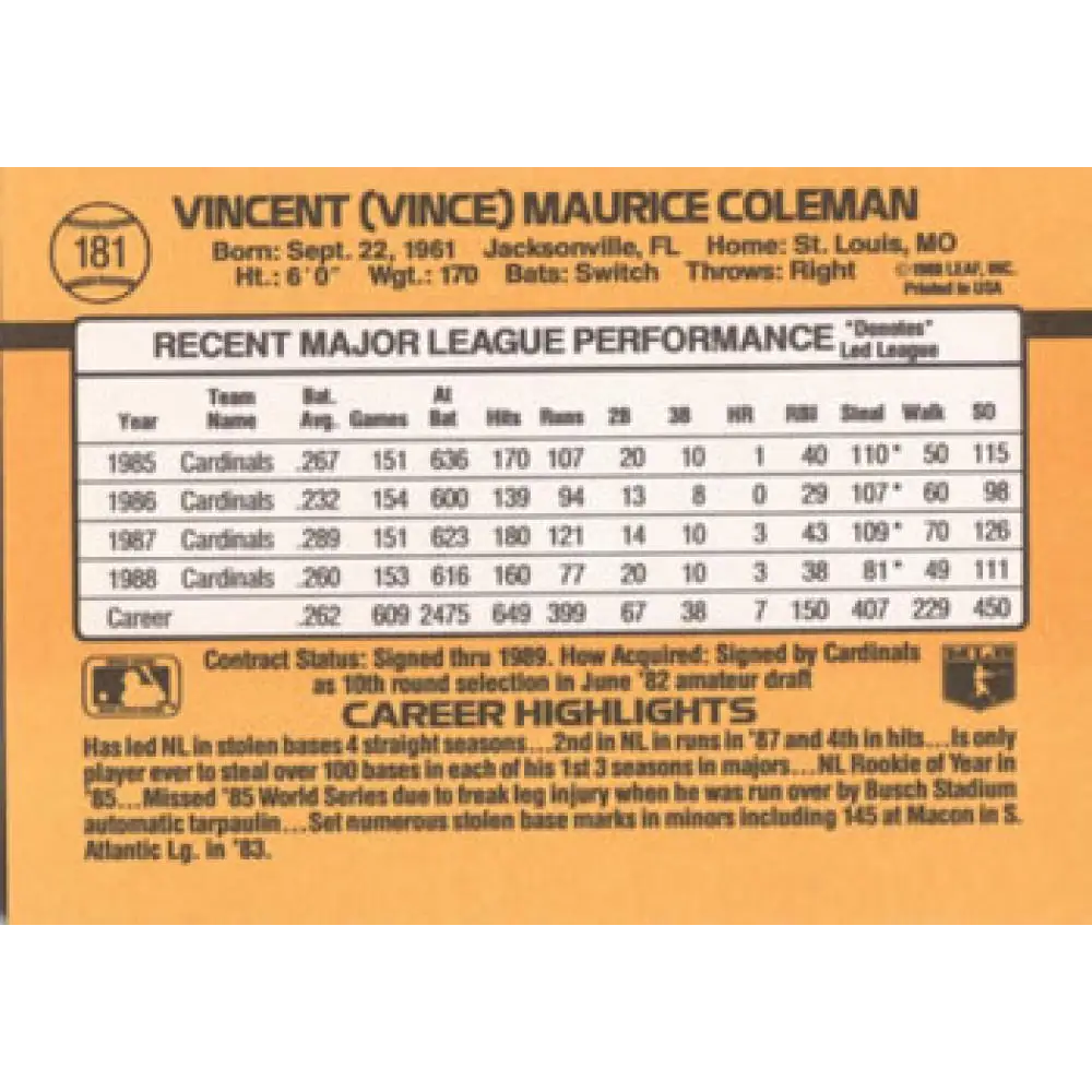 1989 Donruss #181 Vince Coleman NM-MT St. Louis Cardinals Baseball Card Image 2