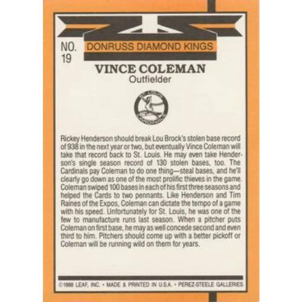 1989 Donruss #19 Vince Coleman DK DP NM-MT St. Louis Cardinals Baseball Card Image 2
