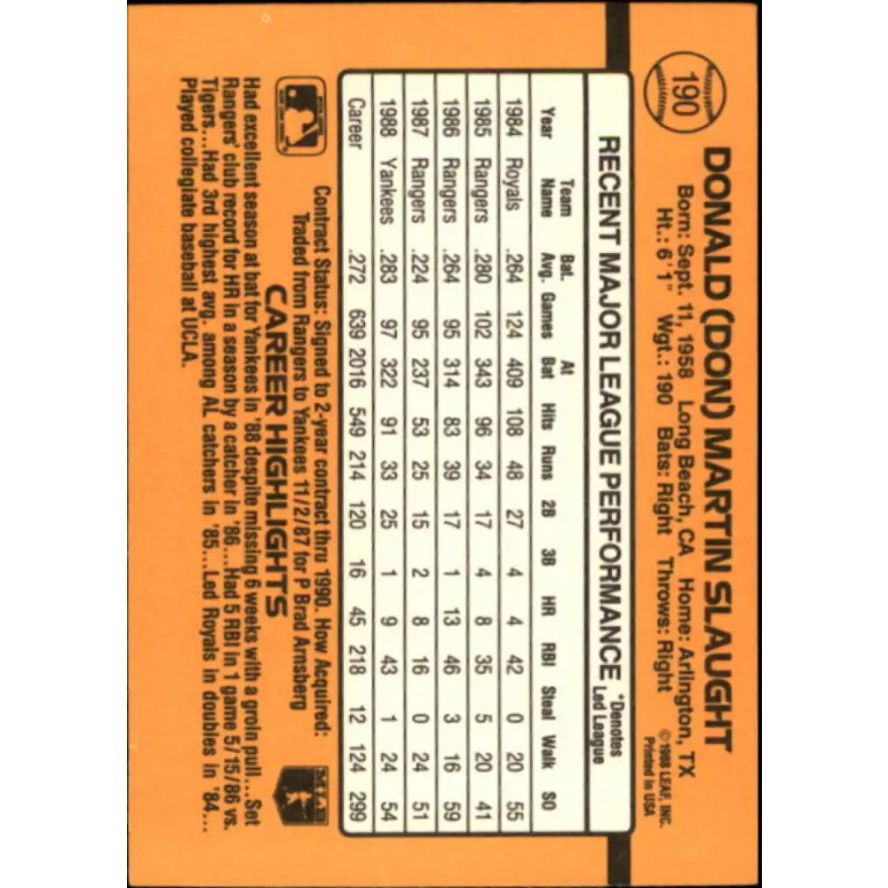 1989 Donruss #190 Don Slaught NM-MT New York Yankees Baseball Card Image 2