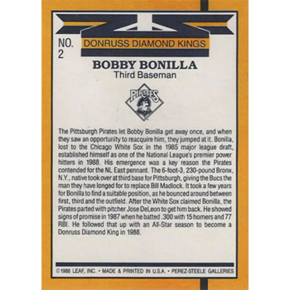 1989 Donruss #2 Bobby Bonilla DK DP NM-MT Pittsburgh Pirates Baseball Card Image 2
