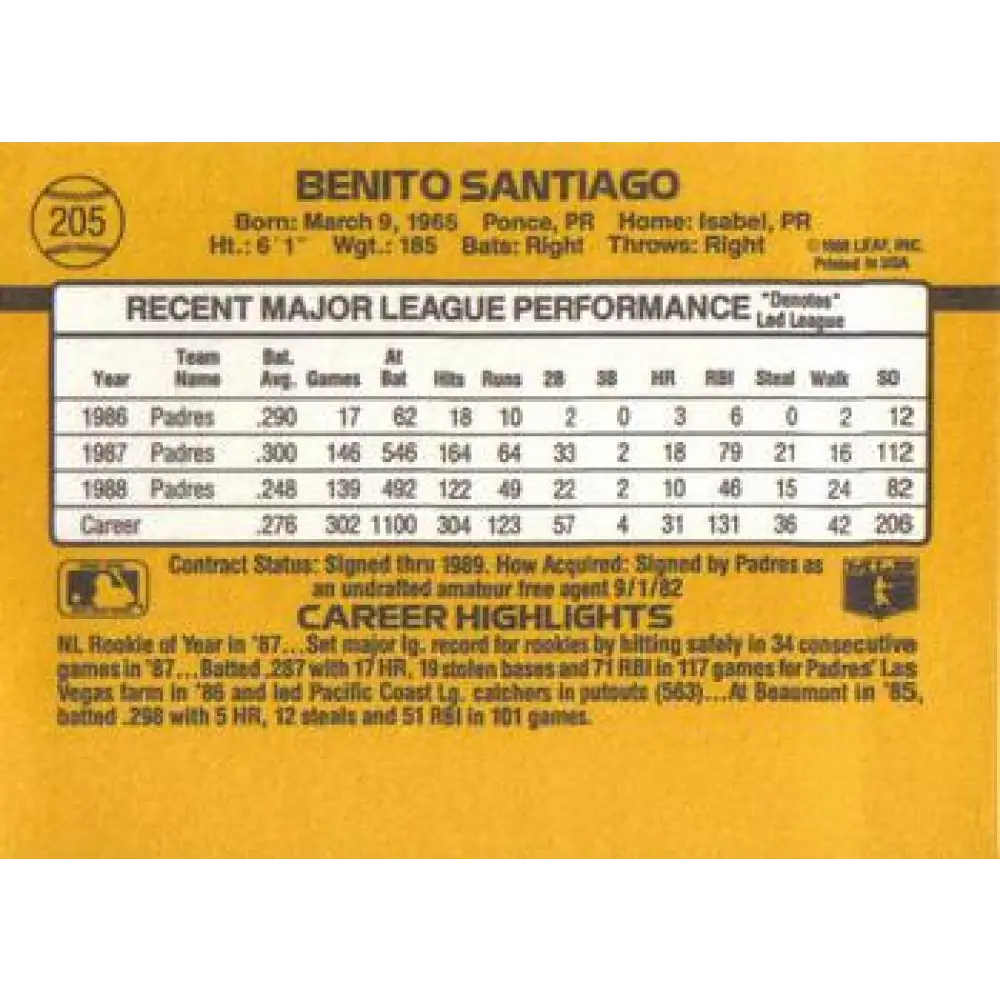 1989 Donruss #205 Benito Santiago NM-MT San Diego Padres Baseball Card Image 2