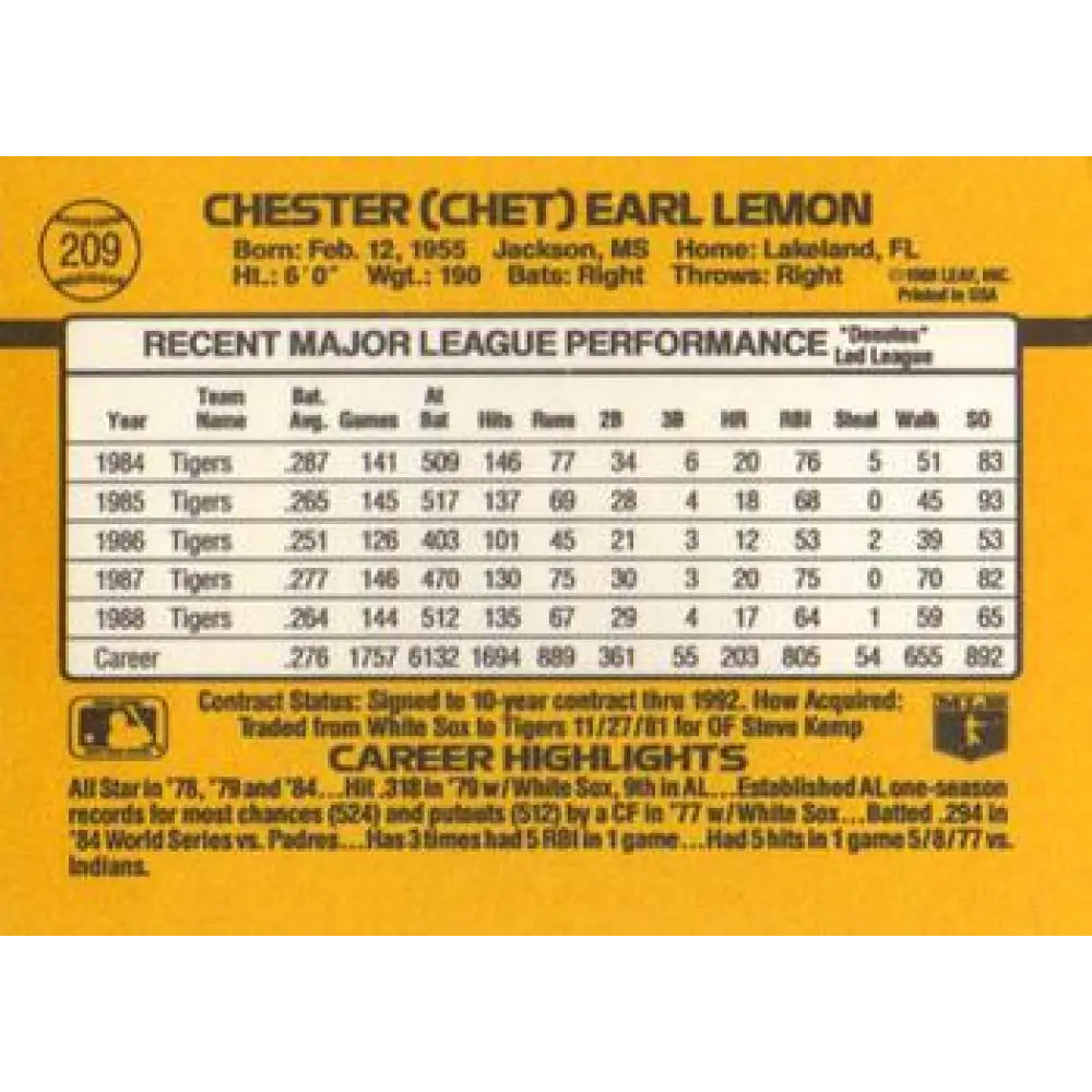 1989 Donruss #209 Chet Lemon NM-MT Detroit Tigers Baseball Card Image 2