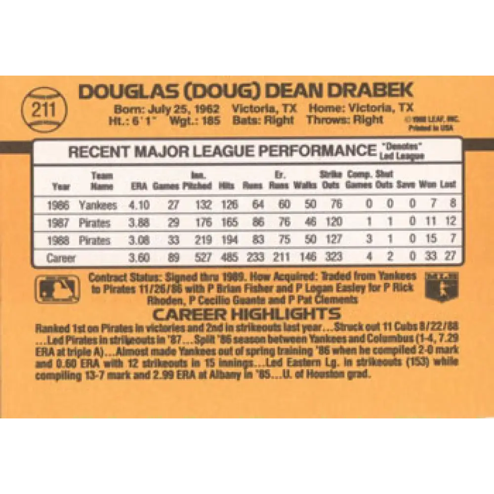 1989 Donruss #211 Doug Drabek NM-MT Pittsburgh Pirates Baseball Card Image 2