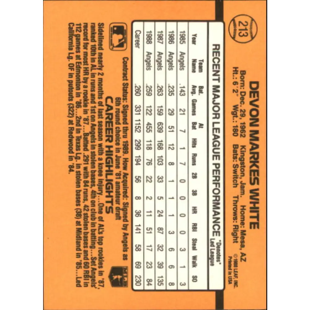 1989 Donruss #213 Devon White NM-MT California Angels Baseball Card Image 2
