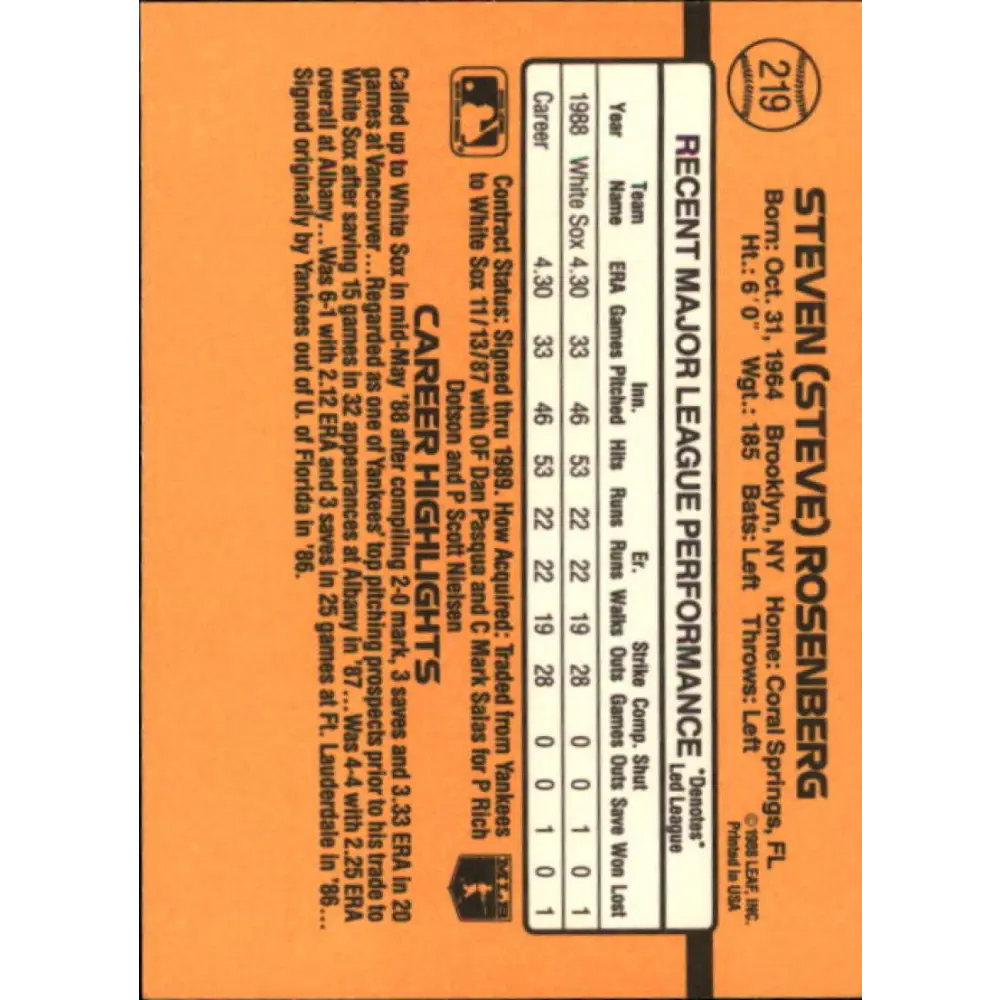 1989 Donruss #219 Steve Rosenberg NM-MT Chicago White Sox Baseball Card Image 2