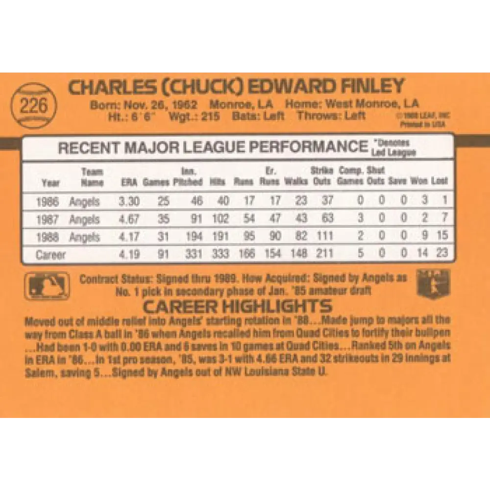 1989 Donruss #226 Chuck Finley NM-MT California Angels Baseball Card Image 2