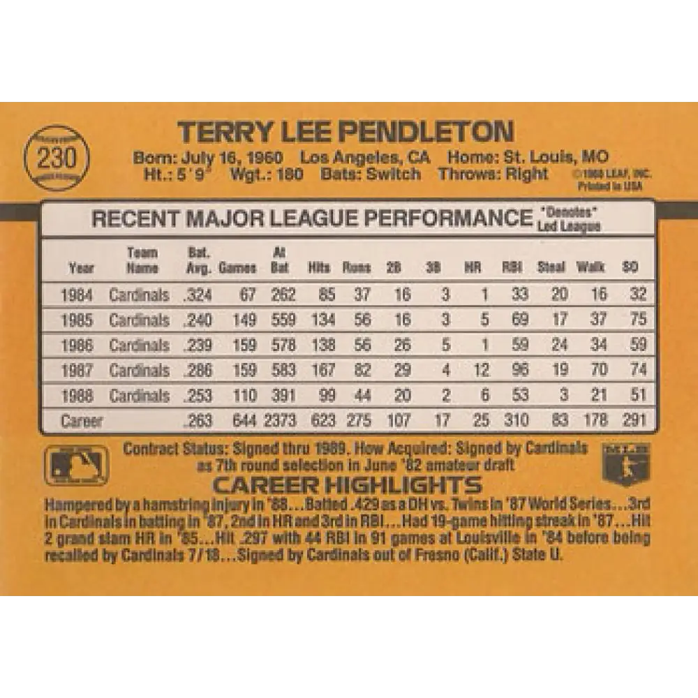 1989 Donruss #230 Terry Pendleton NM-MT St. Louis Cardinals Baseball Card Image 2