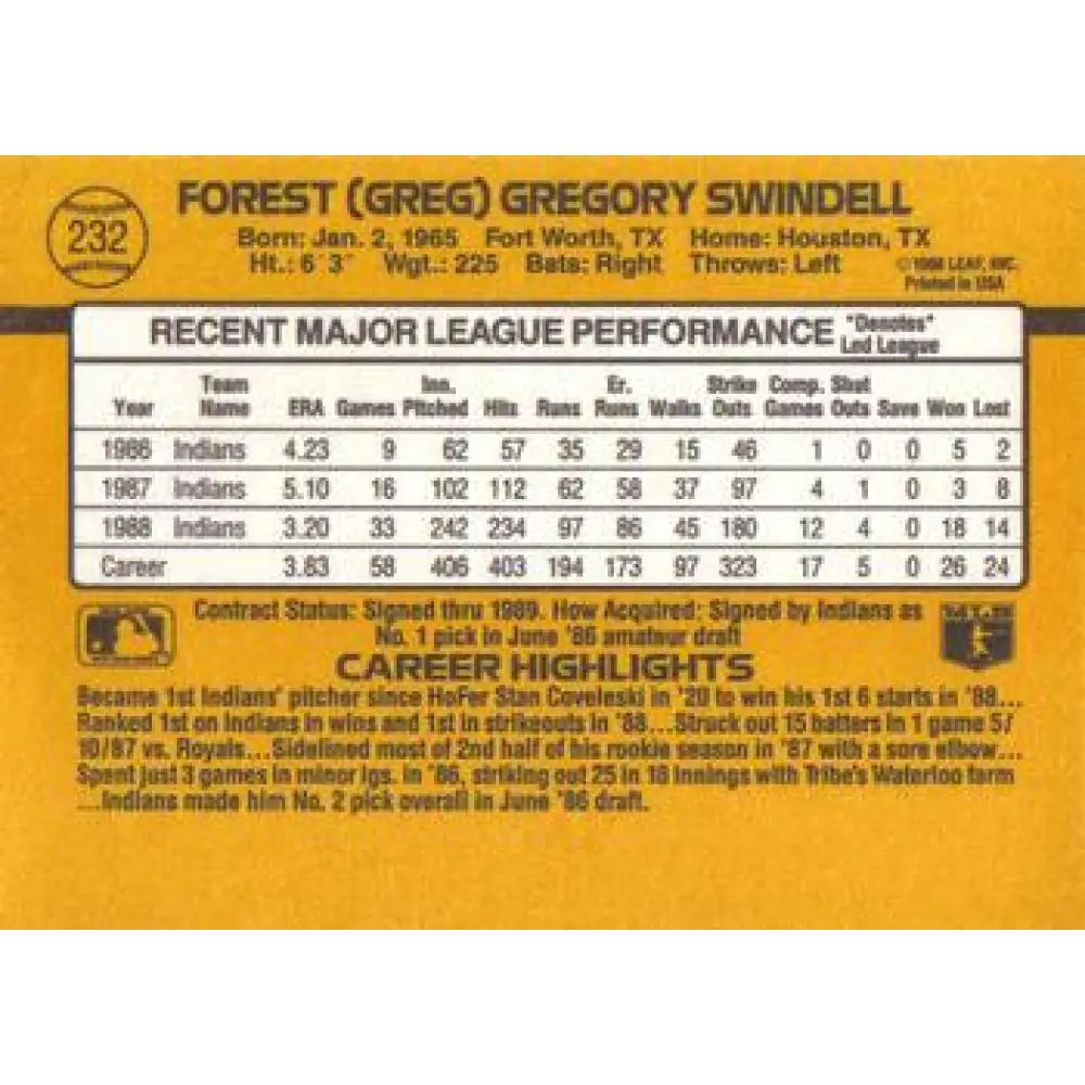 1989 Donruss #232 Greg Swindell NM-MT Cleveland Indians Baseball Card Image 2
