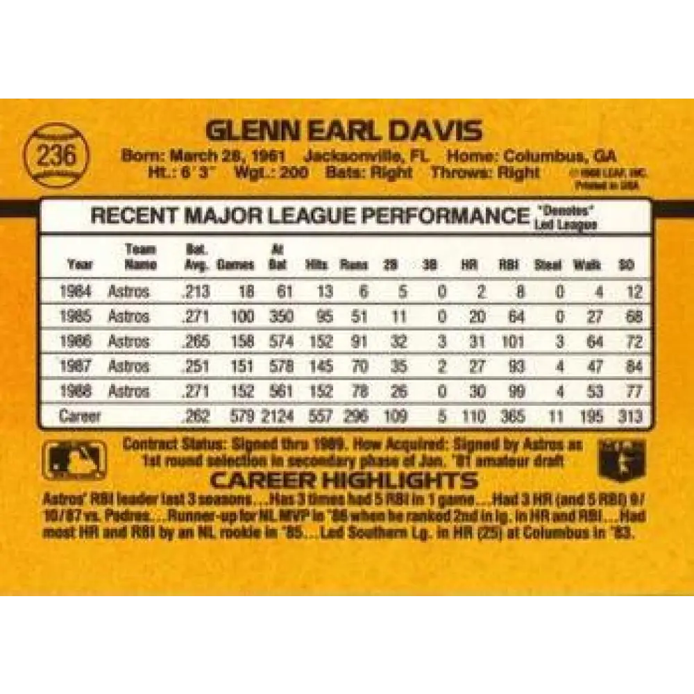 1989 Donruss #236 Glenn Davis NM-MT Houston Astros Baseball Card Image 2