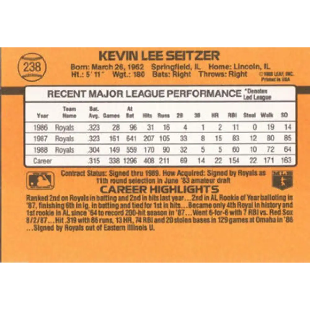 1989 Donruss #238 Kevin Seitzer NM-MT Kansas City Royals Baseball Card Image 2