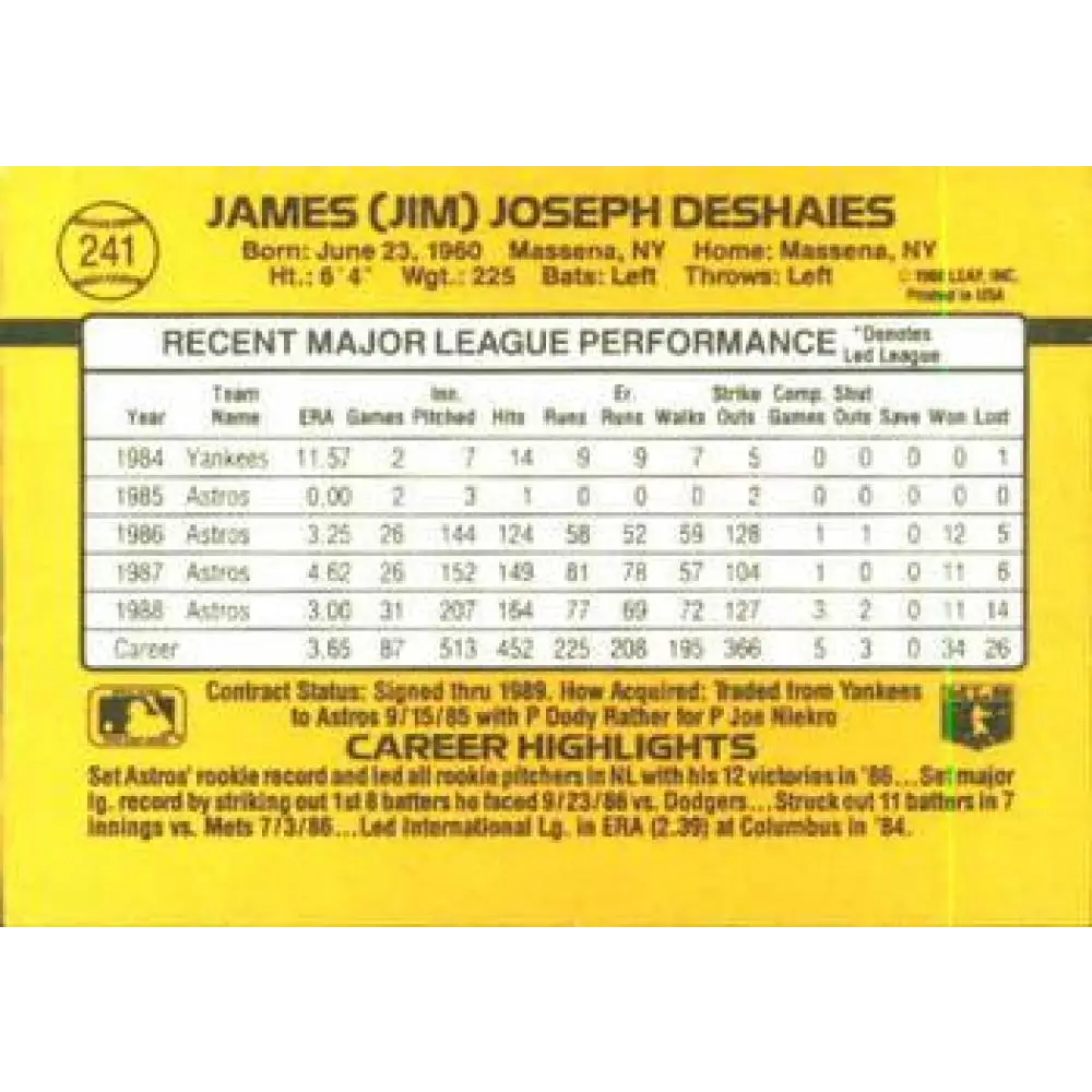 1989 Donruss #241 Jim Deshaies NM-MT Houston Astros Baseball Card Image 2