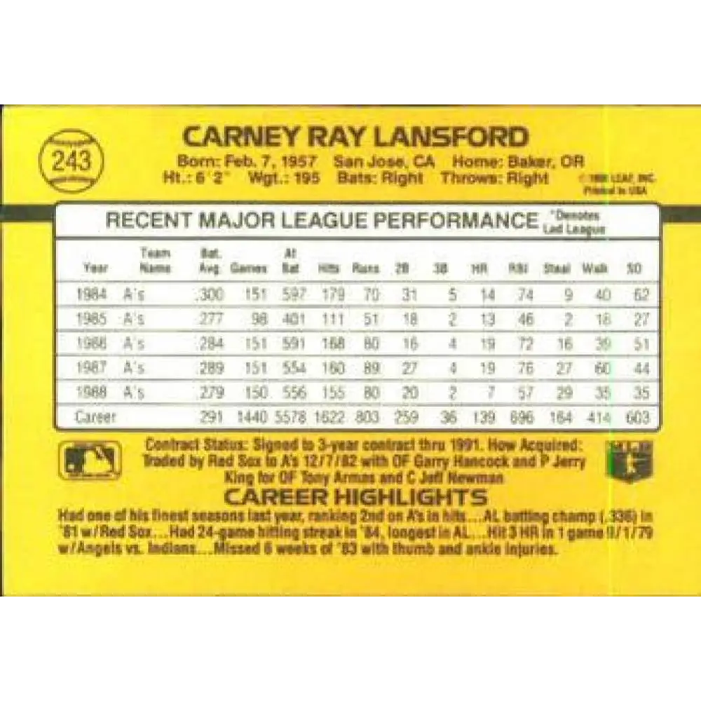 1989 Donruss #243 Carney Lansford NM-MT Oakland Athletics Baseball Card Image 2