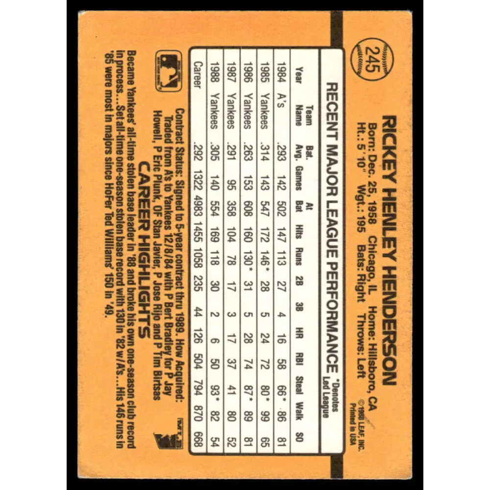 1989 Donruss #245 Rickey Henderson VG/EX New York Yankees Baseball Card Image 2