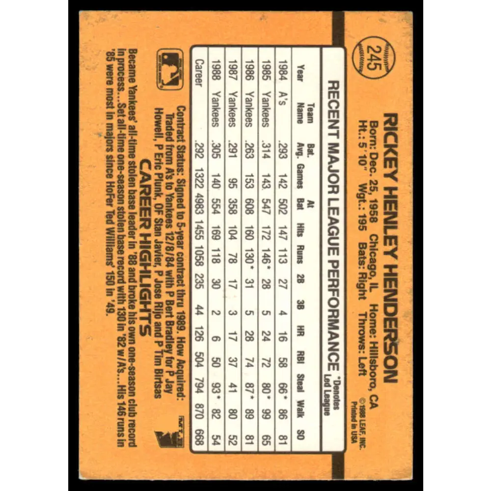 1989 Donruss #245 Rickey Henderson VG/EX New York Yankees Baseball Card Image 2