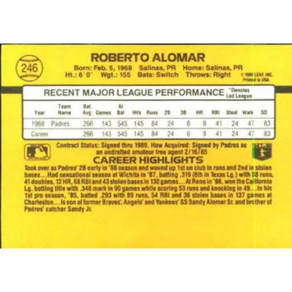 1989 Donruss #246 Roberto Alomar NM-MT San Diego Padres Baseball Card Image 2