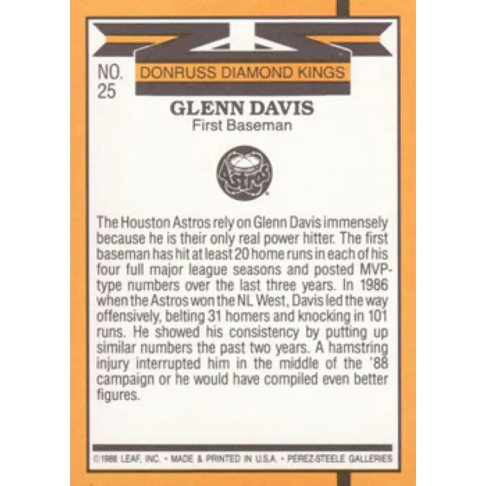 1989 Donruss #25 Glenn Davis DK NM-MT Houston Astros Baseball Card Image 2