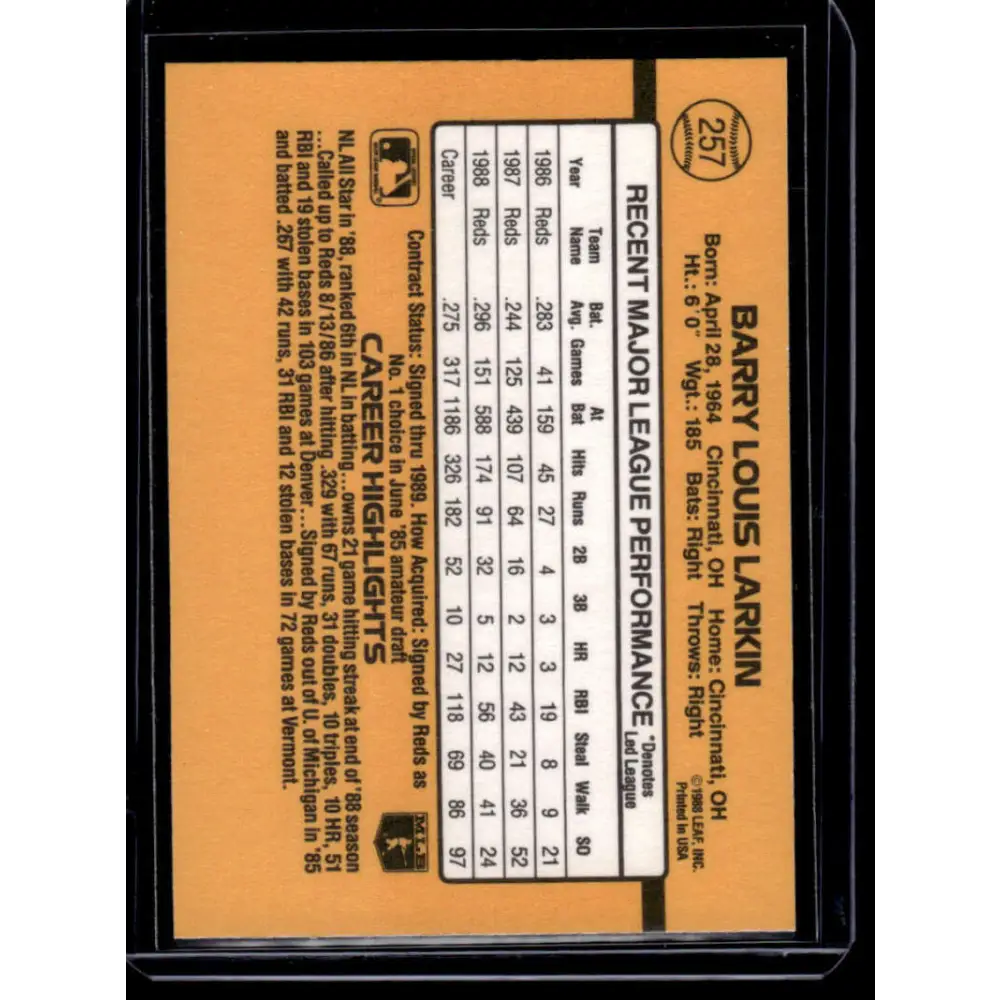 1989 Donruss #257 Barry Larkin Cincinnati Reds NM-MT Baseball Card Image 2