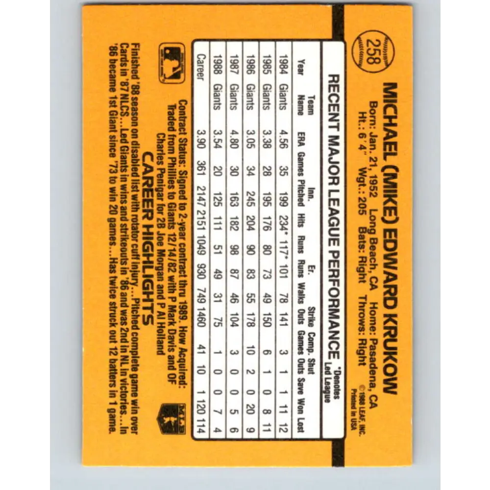 1989 Donruss #258 Mike Krukow NM-MT San Francisco Giants Baseball Card Image 2